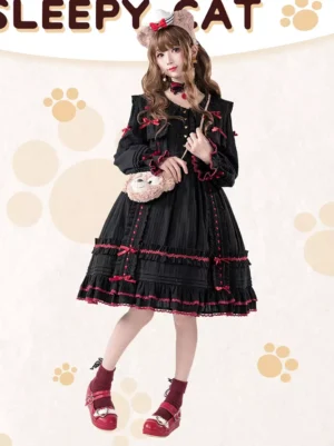 Gothic lolita color block dress three quarter view model wearing cat ear headwear and plush crossbody bag with lace trim details