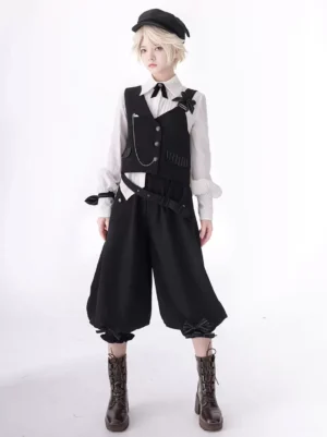 Gothic Lolita Ouji cropped bloomers black ruffles front view full body coordinate with chain vest details