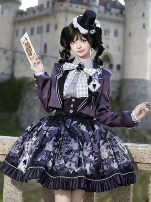 Gothic Lolita three-piece ensemble three-quarter front shot showing printed skirt details, checkered bow tie coordination, and vintage aesthetic outdoors near castle background