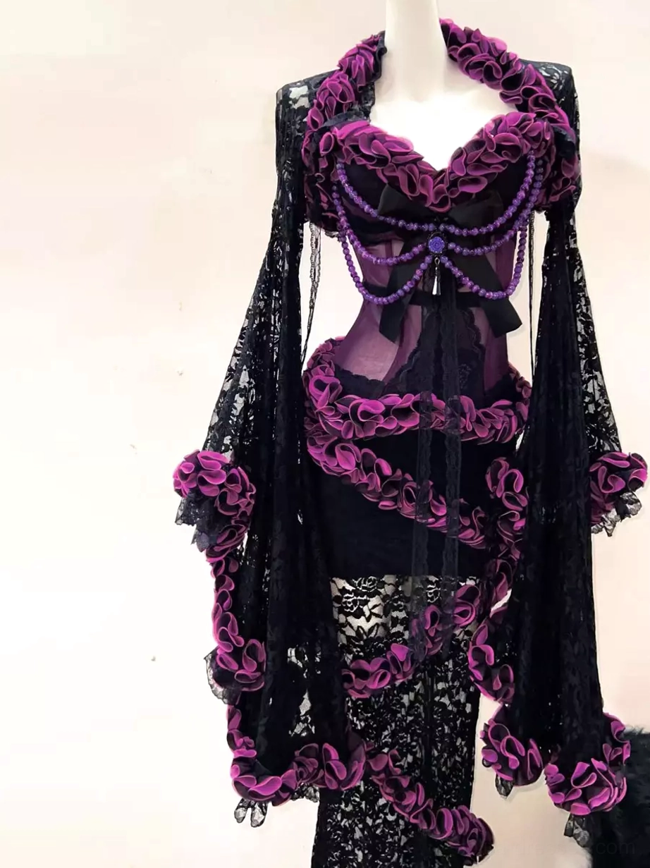 Right-side front view of gothic purple ruffle lolita outfit on mannequin with wrap ruffle waist trim full-length lace skirt and wide dramatic bell sleeves