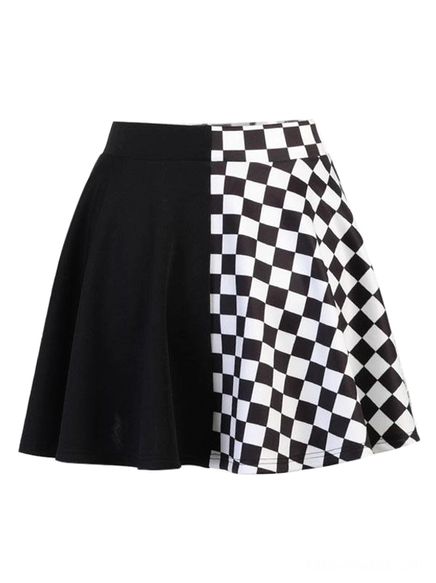 Black gothic lolita mini skirt back flat lay view, showing A-line flared silhouette with checkerboard and solid black patchwork construction on white background