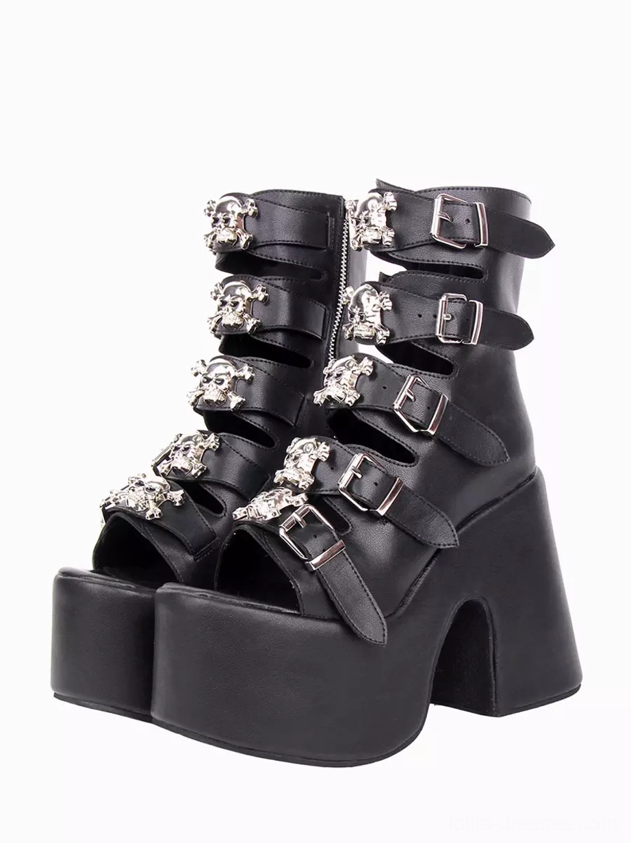 Gothic Lolita peep-toe platform boots front paired view black PU leather with silver skull decorative buckles chunky block heel