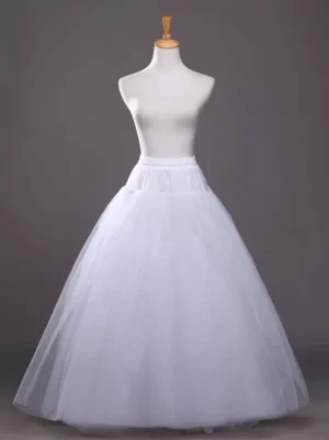 White tiered tulle Gothic Lolita petticoat front view on mannequin showing full A-line silhouette and voluminous layered skirt construction