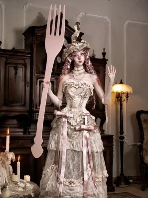 Gothic lolita cosplay styling featuring pink ribbon bow accents, layered lace skirt, heart-shaped corset bust, bunny ear headdress with oversized pink fork prop in vintage European interior
