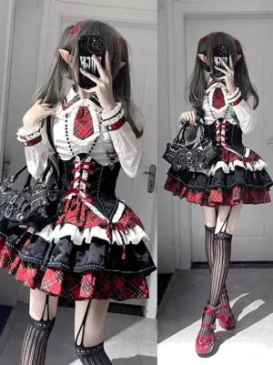 Gothic Lolita plaid dress set three-quarter angle view featuring ruffled blouse with red plaid necktie, coordinated studded black handbag, and structured silhouette