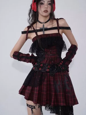 Gothic lolita tartan plaid dress front facing view showing lace-up corset waist detail and pleated mini skirt