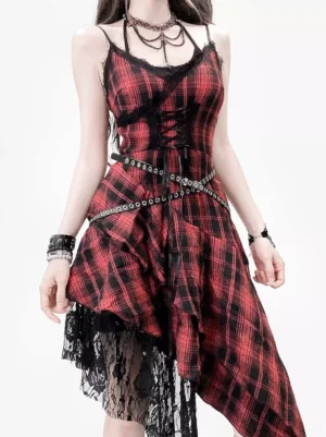 Gothic lolita red black plaid corset JSK dress front close-up showing V-neck with black lace trim and ribbon lace-up design