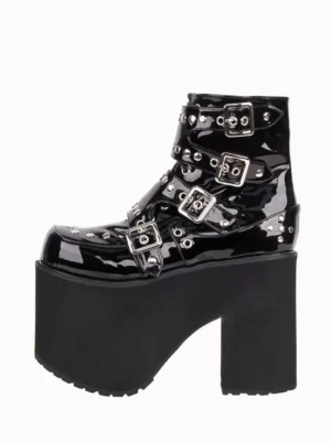 single gothic lolita platform ankle boot side oblique view glossy patent leather metal hardware decorative chunky block heel