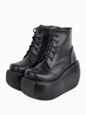 Gothic lolita platform ankle boots black PU leather front two shoes view flat lay white background