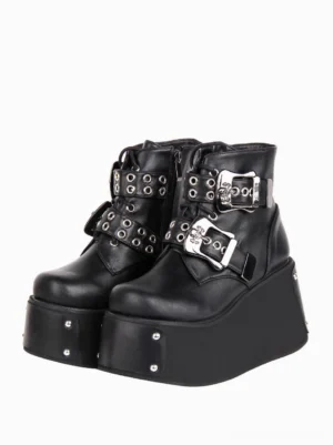 Gothic lolita black platform ankle boots with silver skull buckles and grommet lace straps front 3/4 view