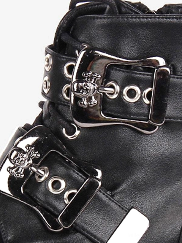 Close-up detail of gothic lolita boot hardware including skull-shaped metal buckles grommet leather straps and silver-toned hardware