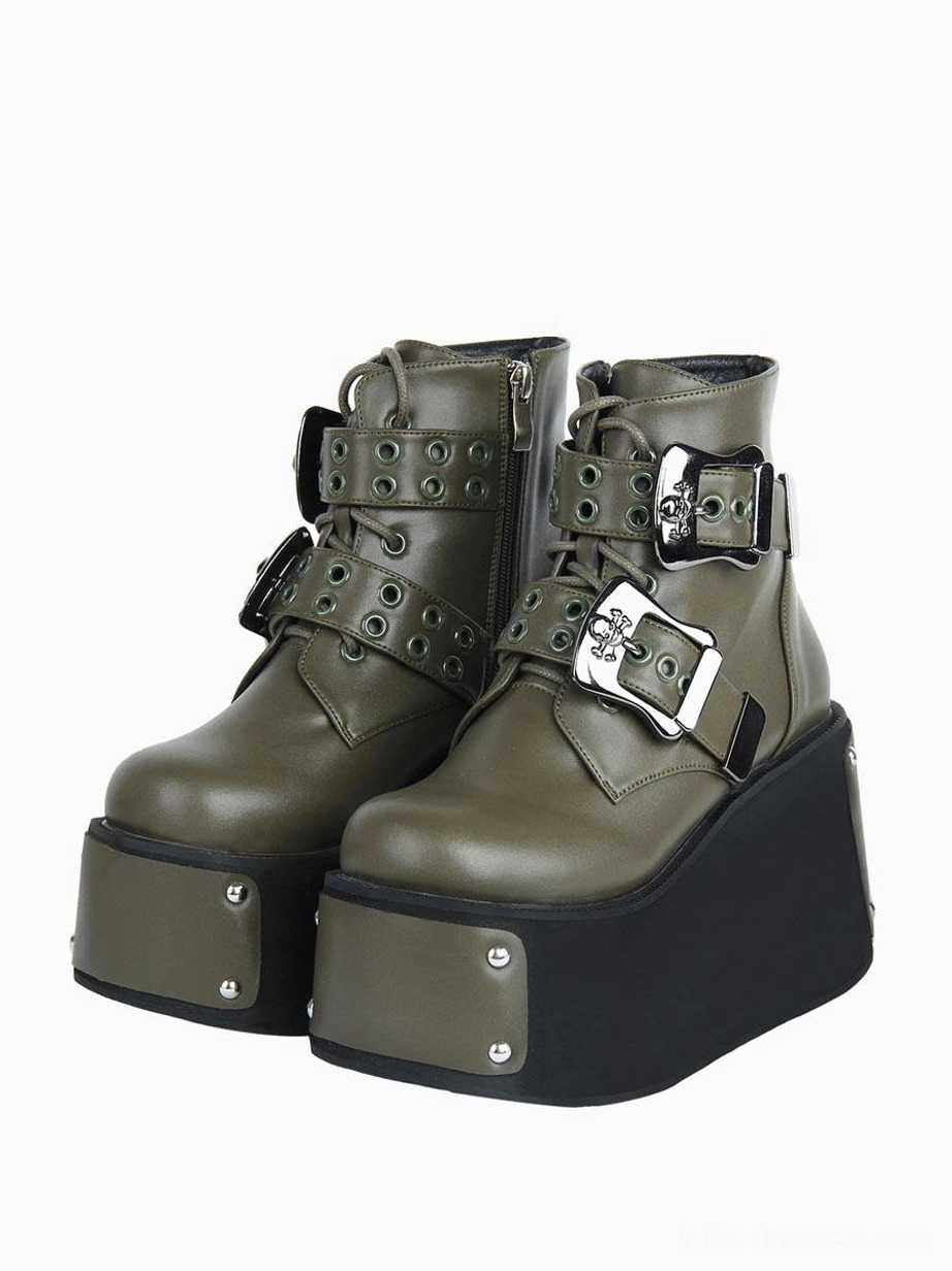 Olive green matte gothic platform ankle boots with grommet straps and two-tone thick platform sole front 3/4 view