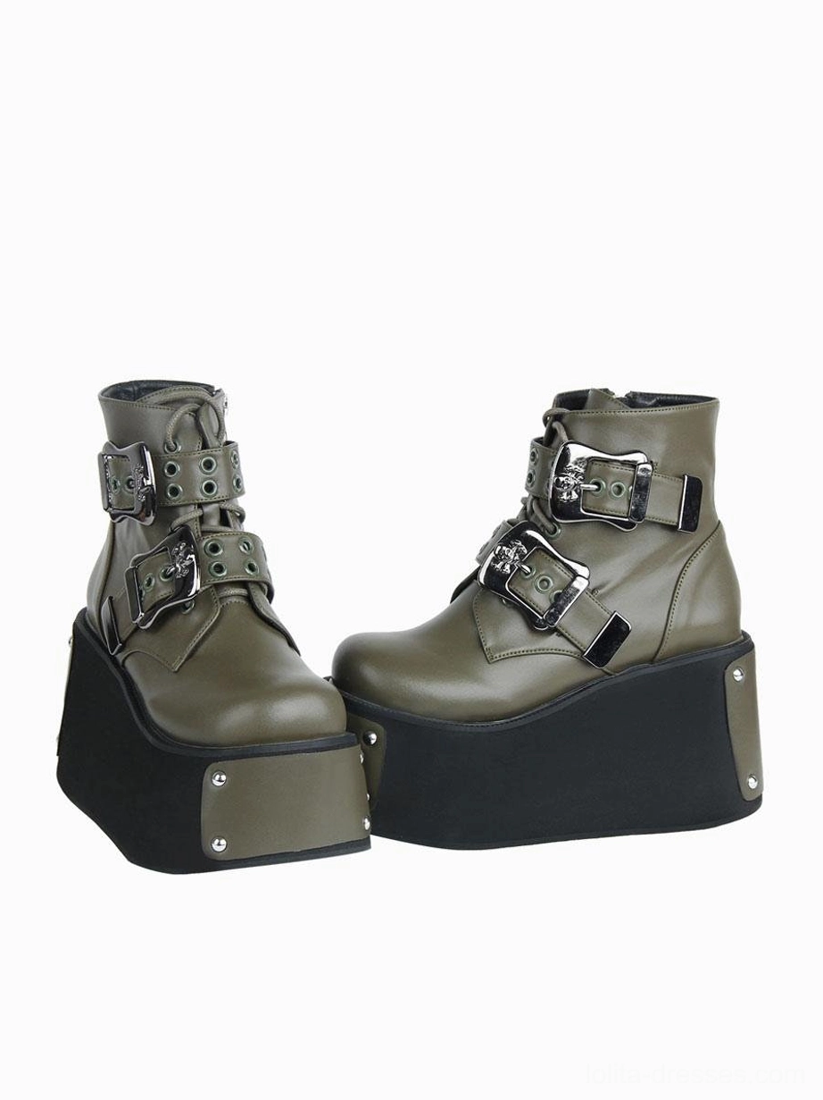 Olive green gothic platform ankle boots side view with metal buckle straps studded platform sole and side zipper design