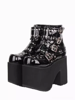 gothic lolita platform ankle boots black patent leather chunky heel metal hardware silver rivets round toe front pair display