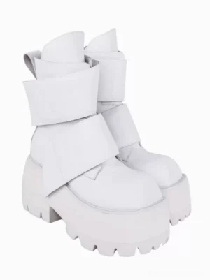 White Gothic Lolita platform ankle boots with square toe design, front oblique paired shoes view highlighting the architectural square toe silhouette and tiered construction