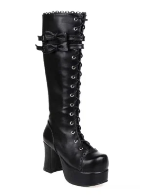 Single Gothic Lolita platform boot in matte black leather with lace-up closure, calf bow strap and thick platform sole, right three-quarter view
