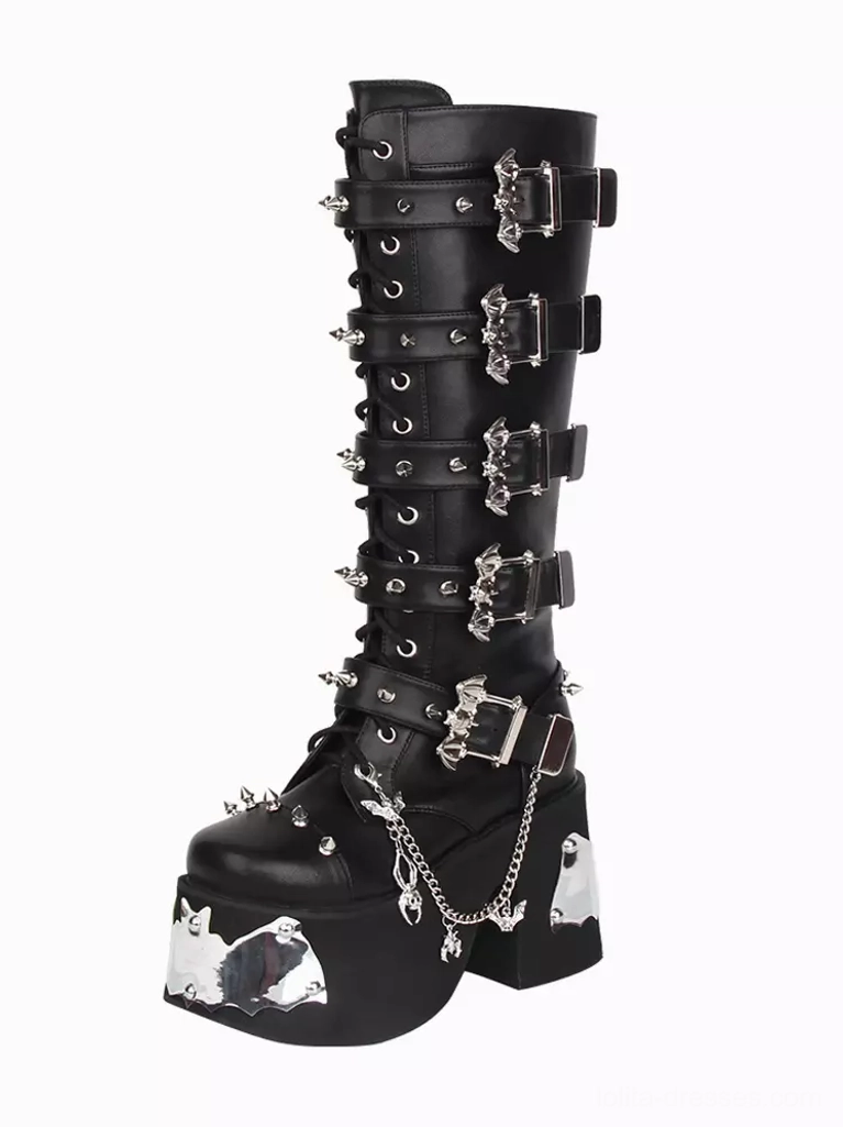 Single gothic lolita platform boot three-quarter angle black PU leather silver chain bat platform accent wedge heel