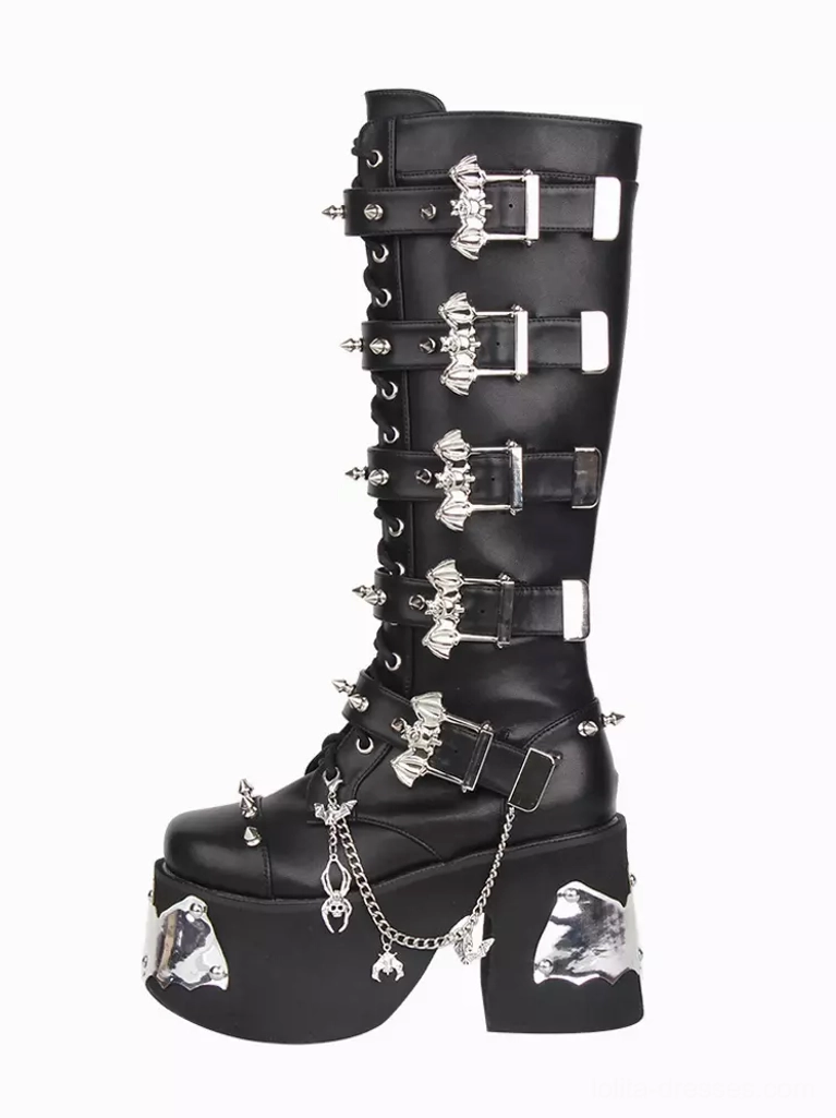 Single gothic lolita platform boot front three-quarter view black PU leather chain bat metal platform details round toe