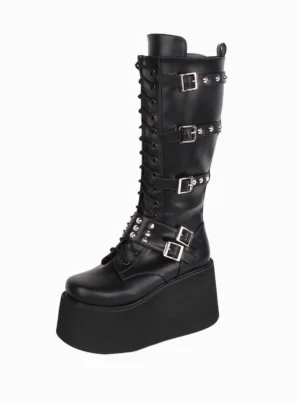 Gothic Lolita platform boot black PU leather left three-quarter view single boot metal buckle straps lace-up details