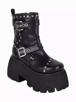 Single black gothic lolita platform boot right side view showing silver buckle straps studded collar and heel pull tab