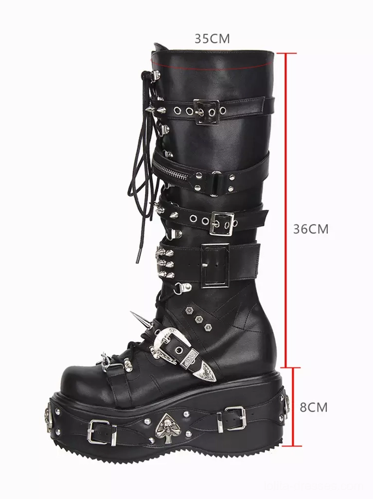 Gothic Lolita platform boot left side view with size measurements 36cm height 35cm shaft circumference metal rivets