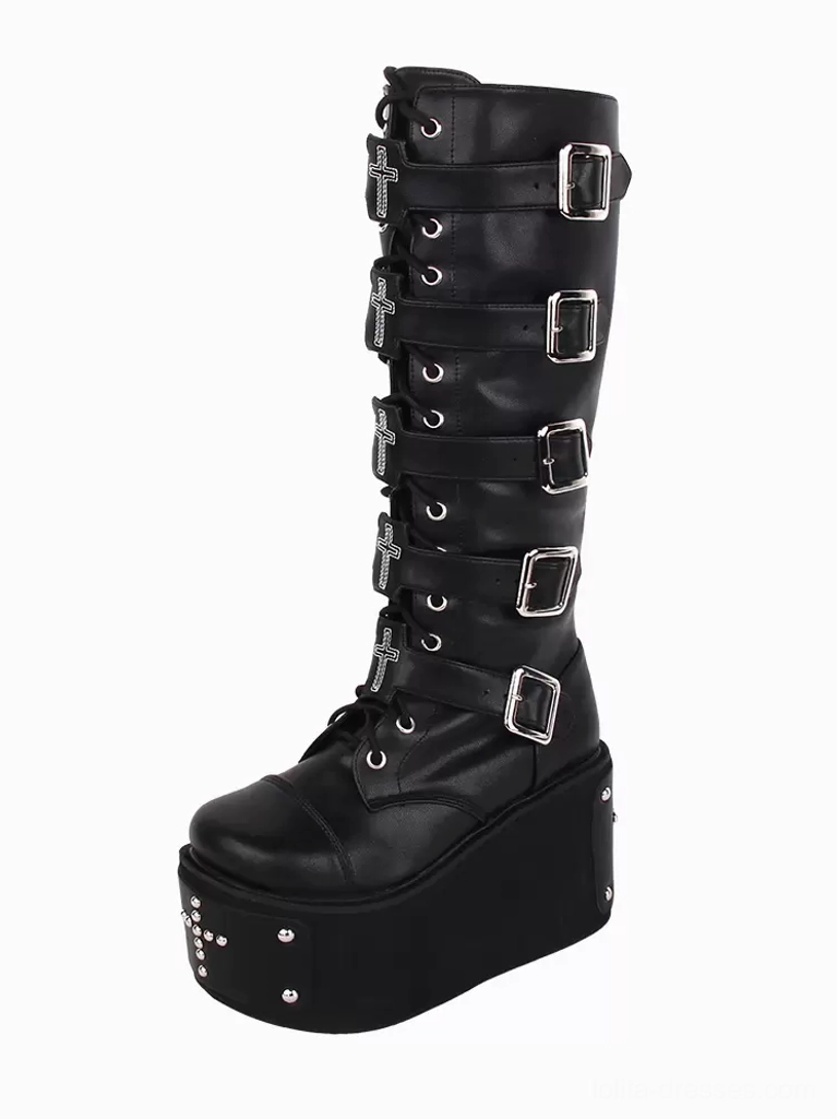 Single black gothic lolita platform boot left side three-quarter view cross decorations silver buckles studded platform round toe