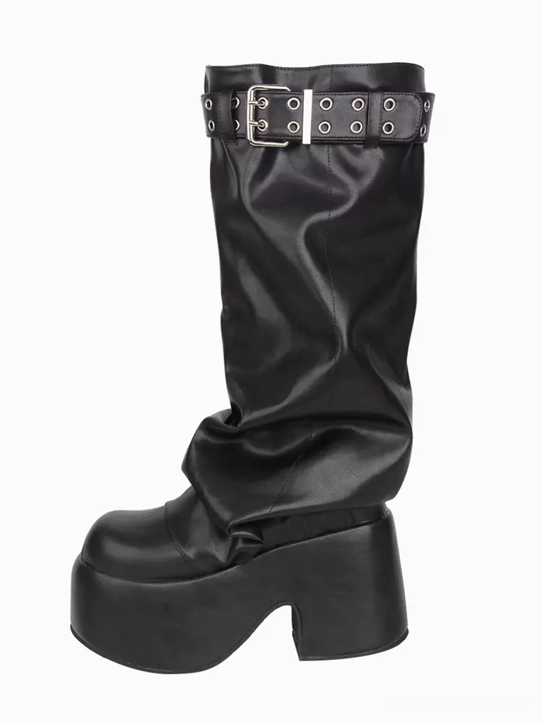 Gothic Lolita black platform boot right side close-up metal buckle eyelets smooth black PU leather chunky platform heel detail