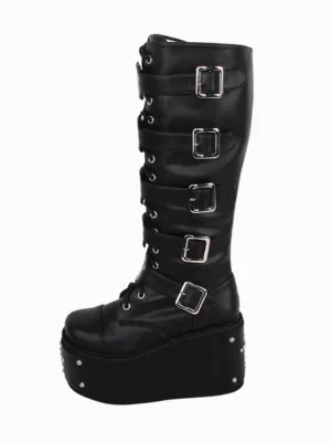 Single black gothic lolita boot right side three-quarter view showing multiple silver buckles thick studded platform lace-up front