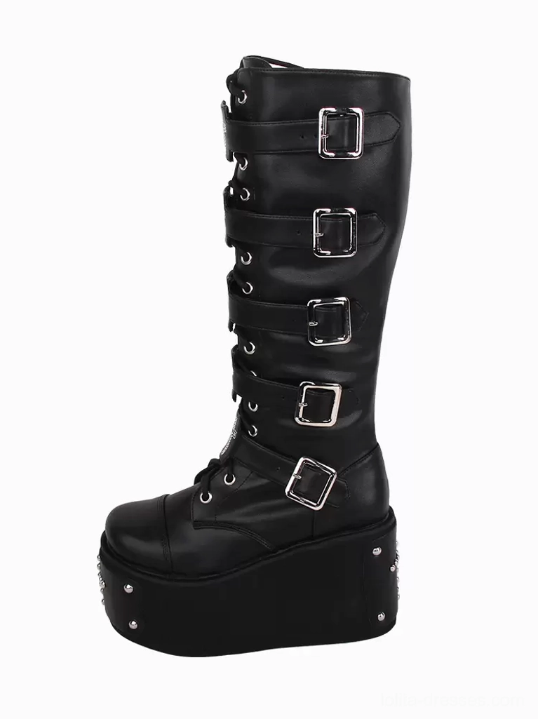 Single black gothic lolita boot right side three-quarter view showing multiple silver buckles thick studded platform lace-up front