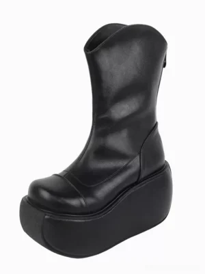 Single black Gothic Lolita platform boot front three-quarter angle displaying round toe silhouette and rear zipper closure detail