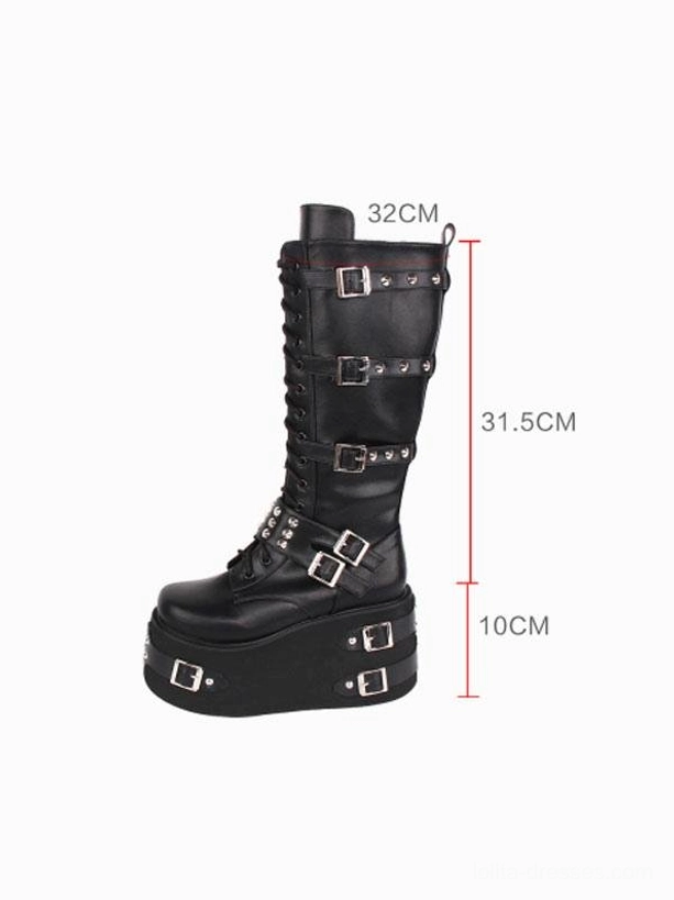 Gothic lolita platform boot single side profile view showing 10cm heel height 32cm shaft height detailed size proportions