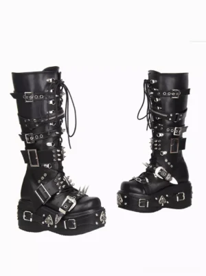 Side profile of Gothic Lolita platform boot metal straps laces spikes chunky wedge heel sole alternative fashion