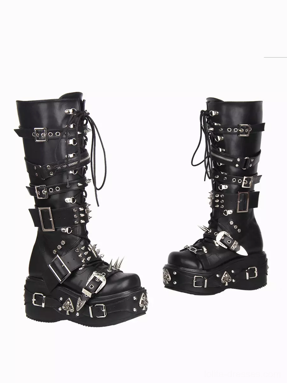 Side profile of Gothic Lolita platform boot metal straps laces spikes chunky wedge heel sole alternative fashion