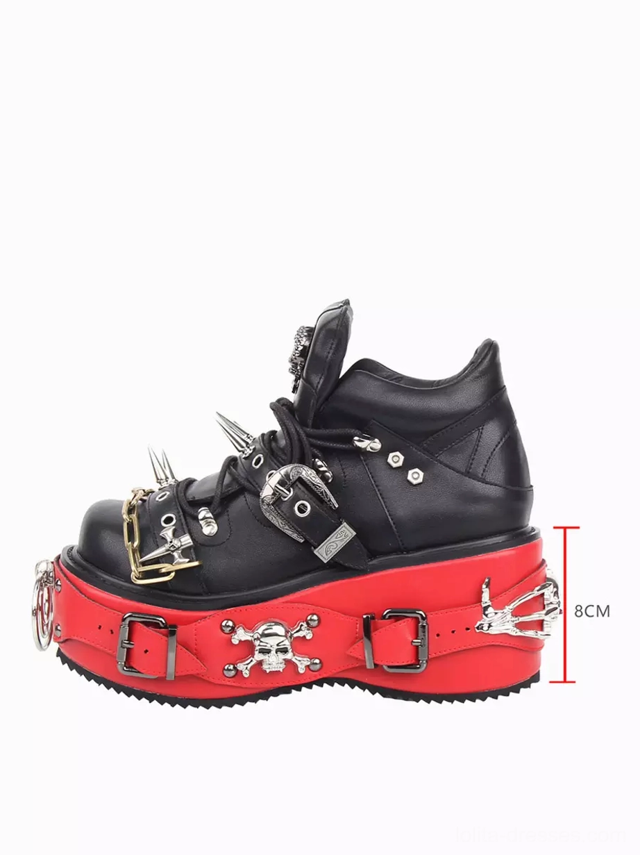 Gothic Lolita punk platform ankle boot side view with marked 8cm wedge heel height metal spike rivet embellishments and round toe design