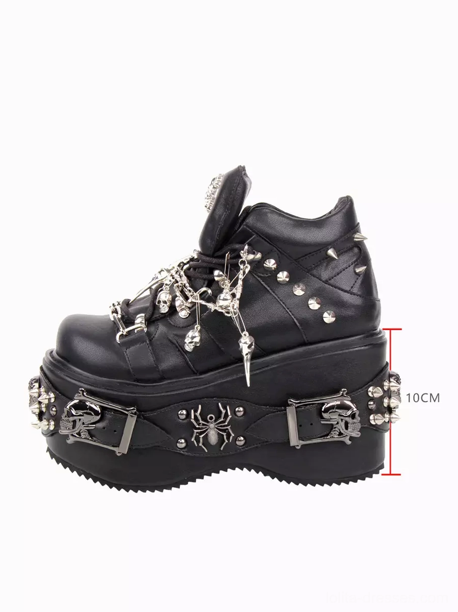 Single gothic platform boot side profile with height measurement showing 10cm chunky wedge platform featuring spider metal buckle spikes and studs details
