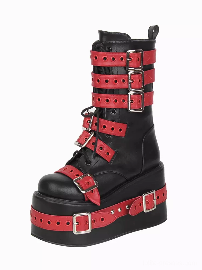 Single Gothic Lolita platform boot right three-quarter angle lace-up closure red strap decoration metal studs bottom strap tall mid-calf shaft