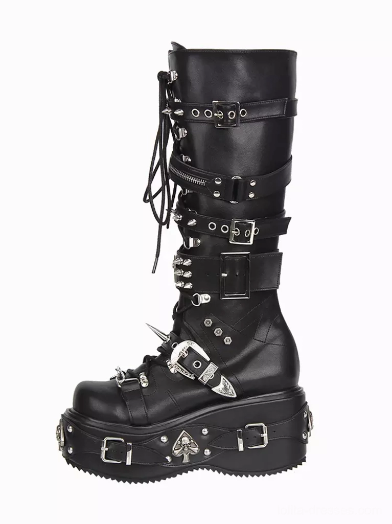 Single Gothic Lolita platform boot left side view black PU leather metal buckles spikes thick platform heel