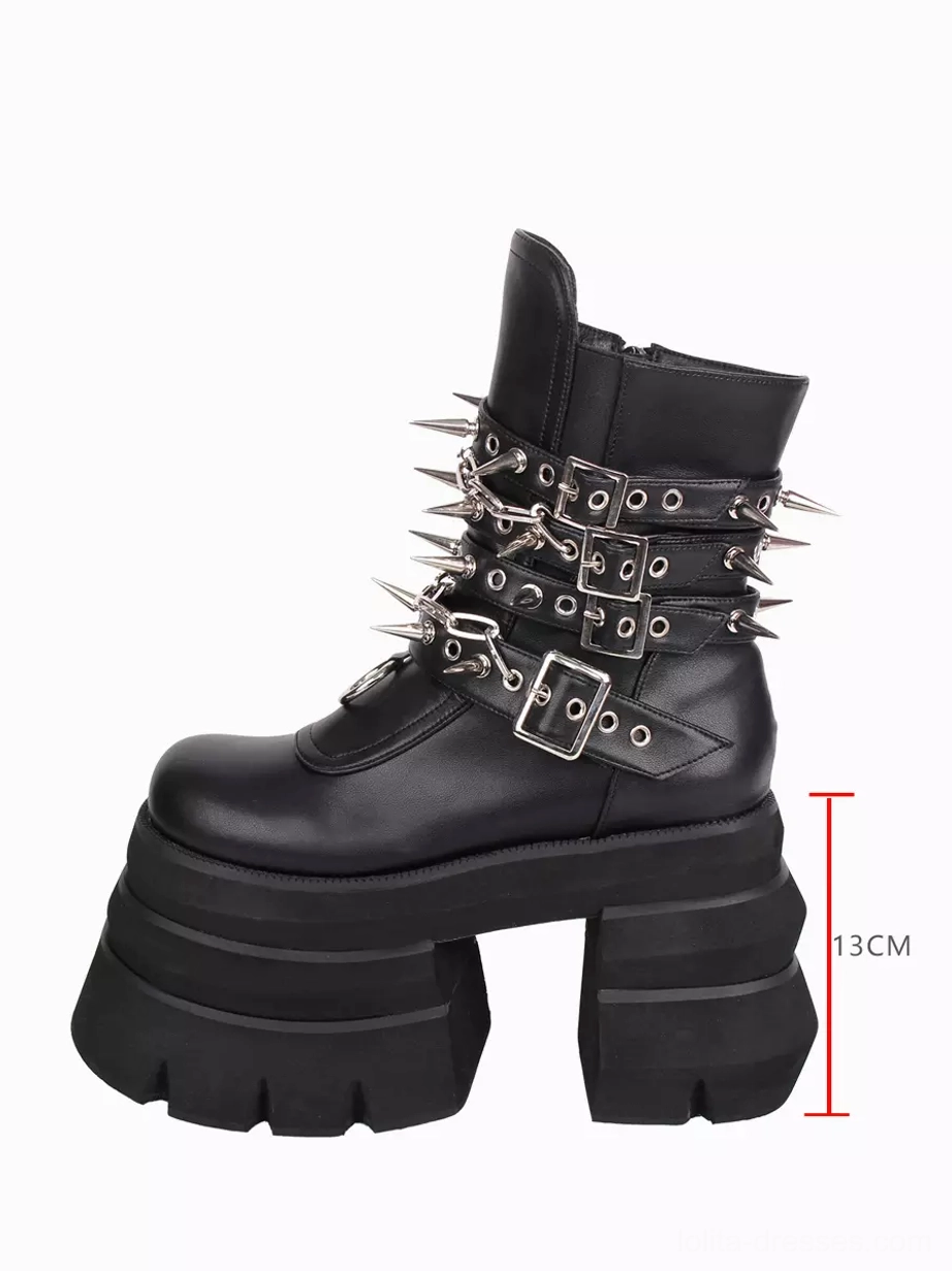 Gothic Lolita single platform boot left three-quarter view thirteen centimeter chunky heel side zipper closure silver spike buckle decorations height detail