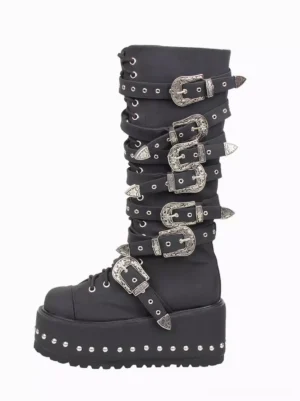 Single black gothic lolita mid-calf boot right three-quarter view showcasing ornate silver buckle straps and round toe design