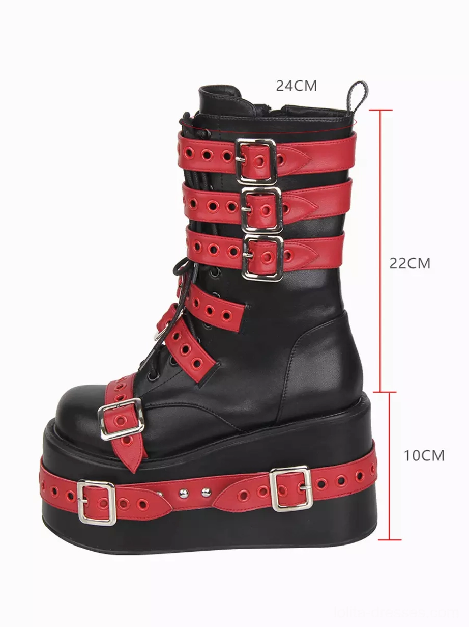 Single Gothic Lolita platform boot right three-quarter view with size measurement marks shaft height 22cm platform height 10cm red strap decorations