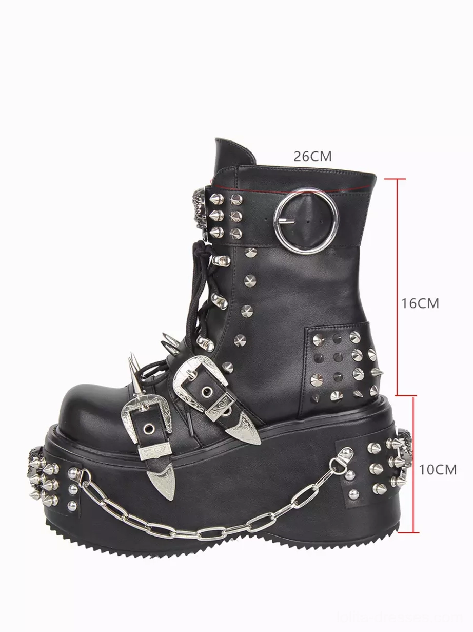 Single Gothic Lolita platform boot side view with size markers indicating 26cm total height and 10cm thick wedge heel, detailed stud placement, spike trims, buckle straps, and decorative chain elements