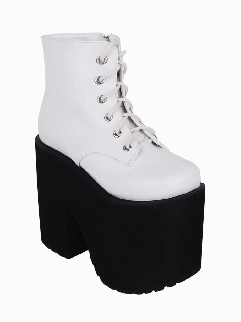 Single white gothic lolita platform boot right side profile view displaying smooth PU leather upper and thick block platform sole