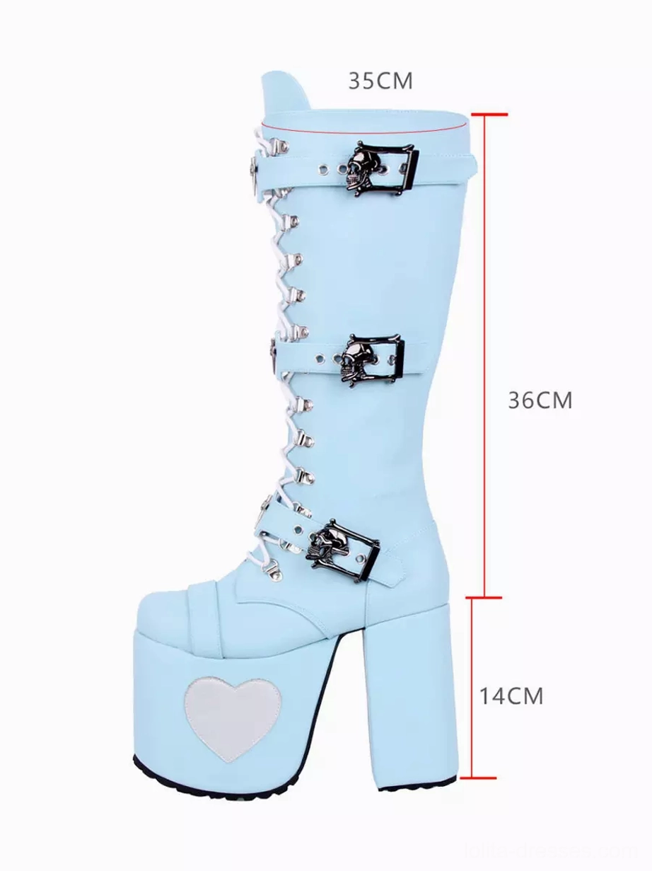 Baby blue Gothic Lolita platform boots right side view with height measurement size markers, lace-up front, decorative buckles, and heart-shaped heel ornament on white background
