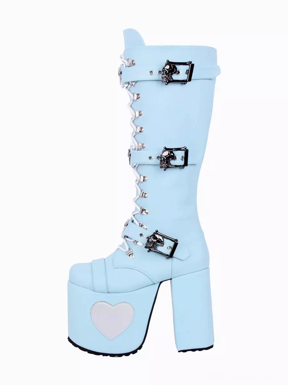 Baby blue Gothic Lolita platform knee-high boots with round toe, lace-up front with metal buckles, and heart-shaped heel ornament on white background right side view
