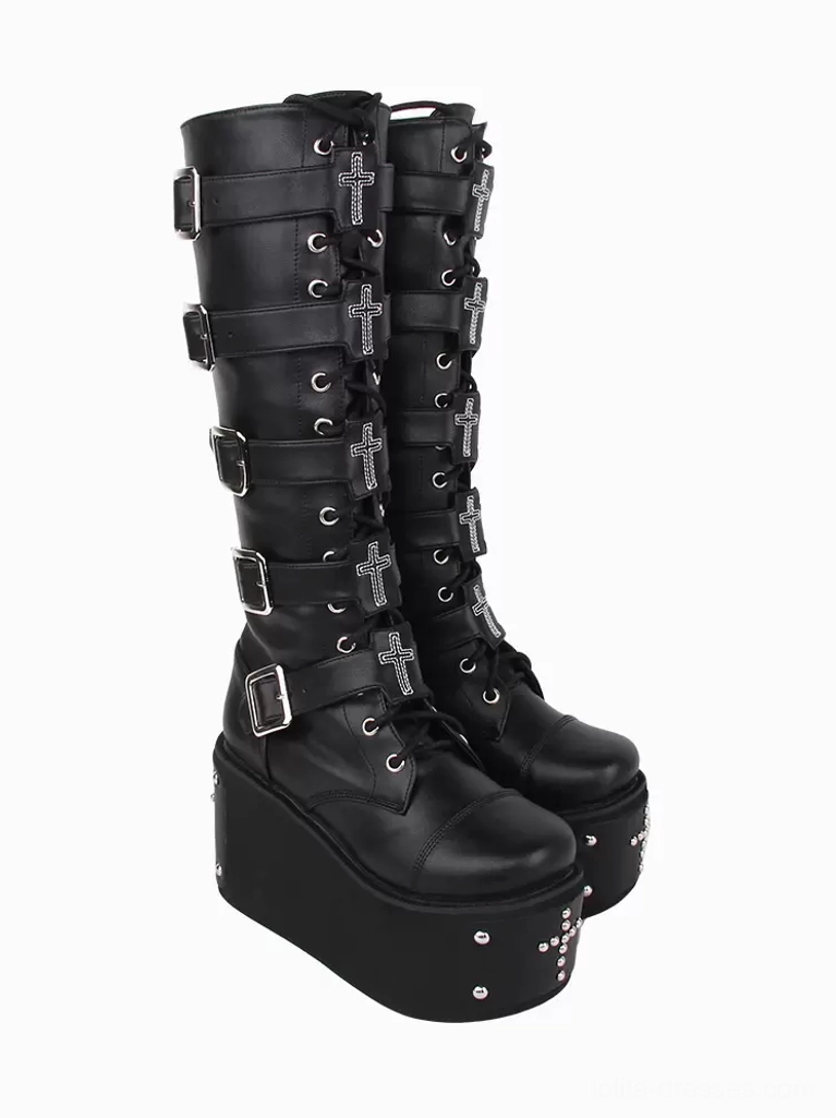 Pair of black gothic lolita platform boots back oblique view back lace-up cross decorations buckled straps studded platform sole