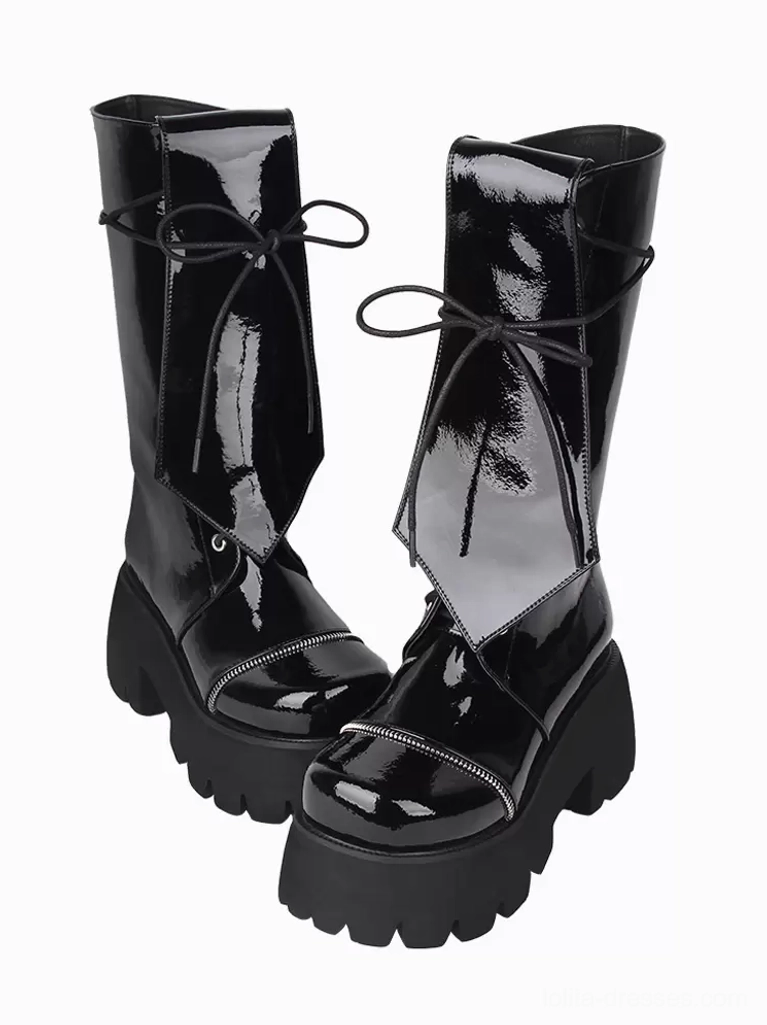 Gothic Lolita platform boots back three-quarter view pair display glossy patent leather surface