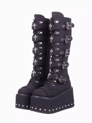 Gothic lolita platform boots front flat lay showing black corduroy upper with metal skull buckles studded wedge sole and lace-up round toe design