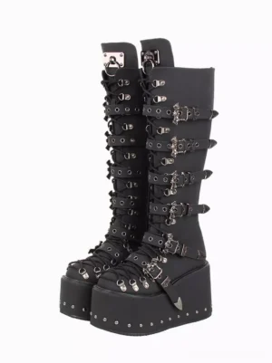 Gothic Lolita platform knee-high boots front pair display view showing black corduroy with metallic grommets and studded platform sole