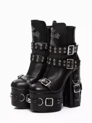 Black gothic lolita platform boots with silver cross rivets and chunky heel, flat lay front view displaying full boot design