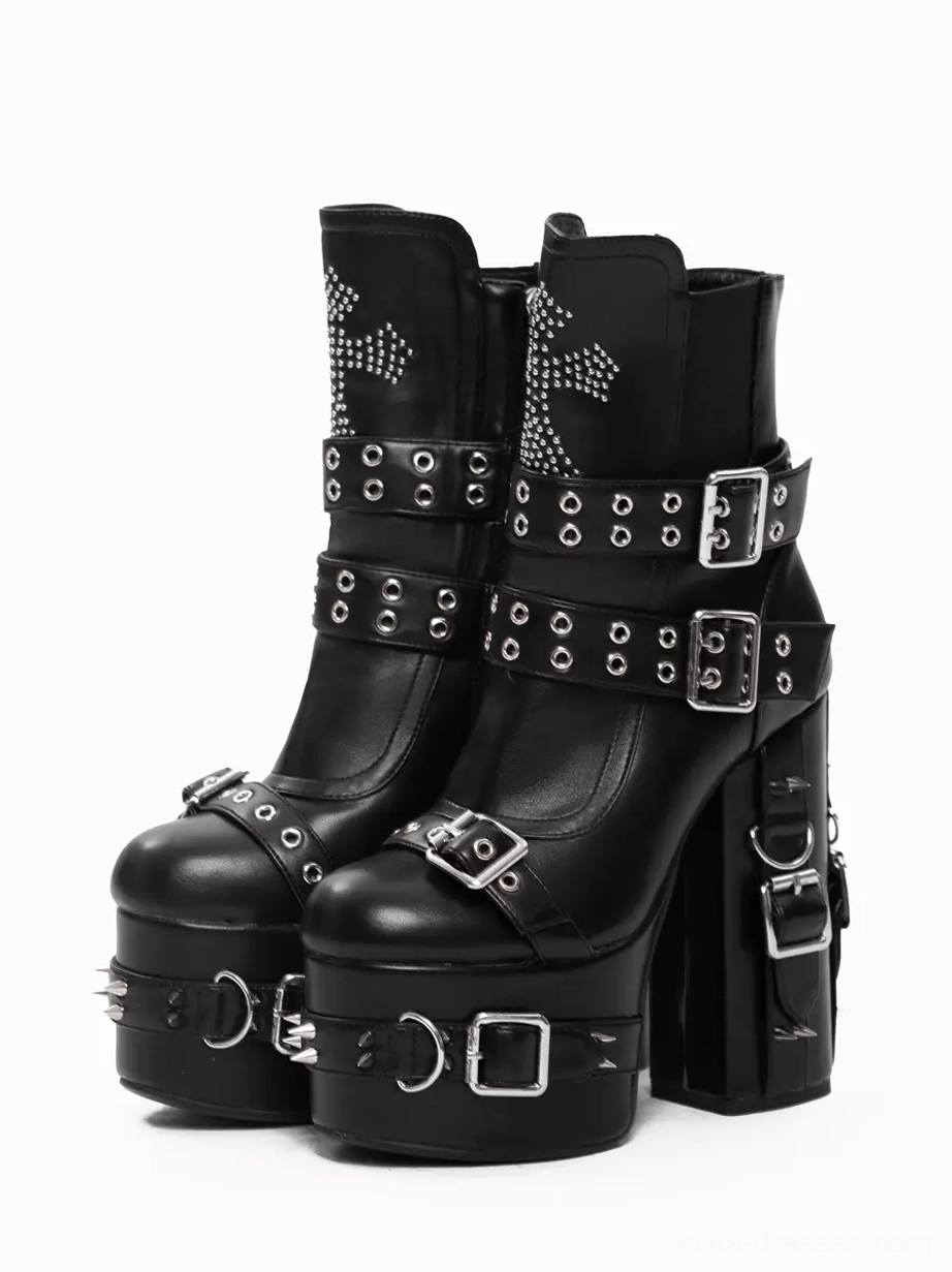 Black gothic lolita platform boots with silver cross rivets and chunky heel, flat lay front view displaying full boot design
